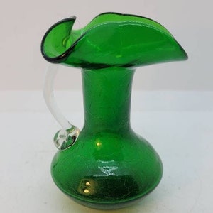 Handblown Deep Green Crackle Glass Vase or Pitcher, has Clear Curly Glass Handle, Flared Rim, Narrow Center, Bulbous Bottom, 5" tall (2072)