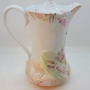 Antique Art Nouveau Style Teapot, 9.5 inches tall with lid, White with Flowers and Embossed  and Painted Woman&#39;s Image in Profile (2114)