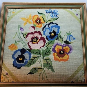 Square Framed Needlepoint of Blue, Orange, Pink, Red & Purple Pansies, 15.25 Inches Square, Frame Gold w/Green Accent, Vivid Colors (2212)