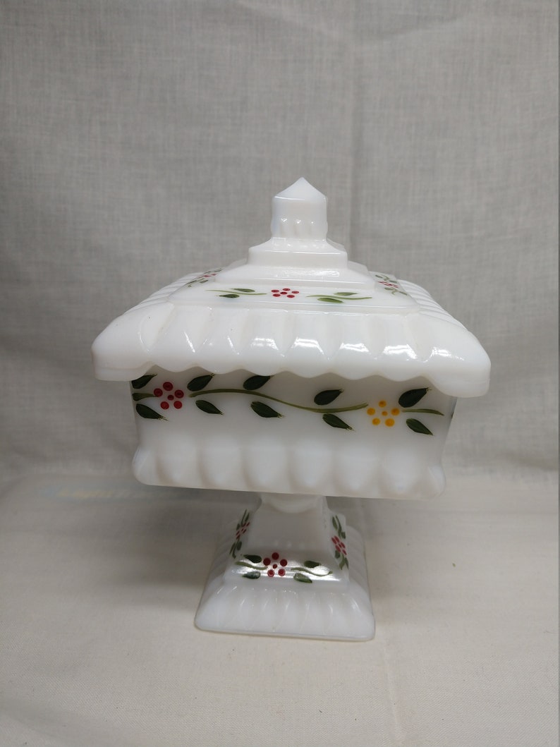 Square Milk Glass Lidded Compote Candy Dish With Hand Painted Etsy