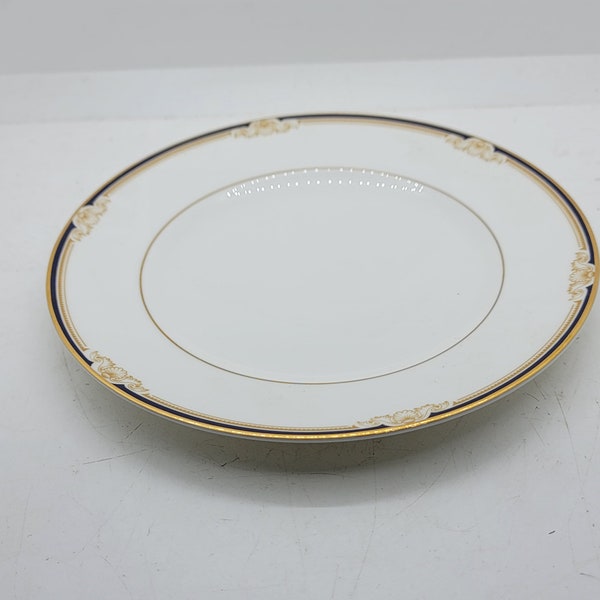 Set of Three Wedgwood Cavendish Bone China Salad Plates, Cream with Black and Gold Ornate Trim, 8 1/8 Inch Diameter, England, 1980's (2386)