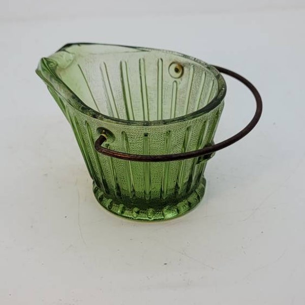 Continental Can Company Green Glass Miniature Coal Bucket Toothpick Holder, Ashtray or Creamer, 1960's, Metal Handle, Three "C's" (2123)