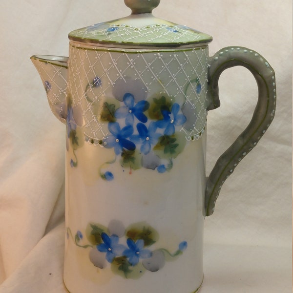 Porcelain Teapot/ Chocolate Pot with floral and moriage design, Raised lace hand-painted design on lid, Off-white with blue flowers (785)