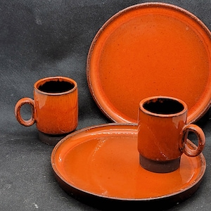Set of Two Graverens Hand Made Handled Cups and Plates, Burnt Orange Flow to Brown, Made in Sandnes Norway, Limited Edition (2495)