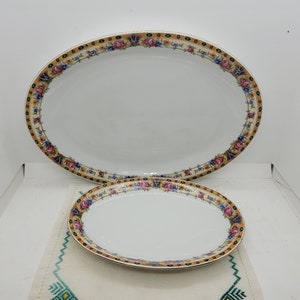 Pair of Victoria China Czechoslovakia Oval Serving Platters, White w/Cream Band on Rim with Pink Roses, Blue, Orange & Purple Flowers (2435)