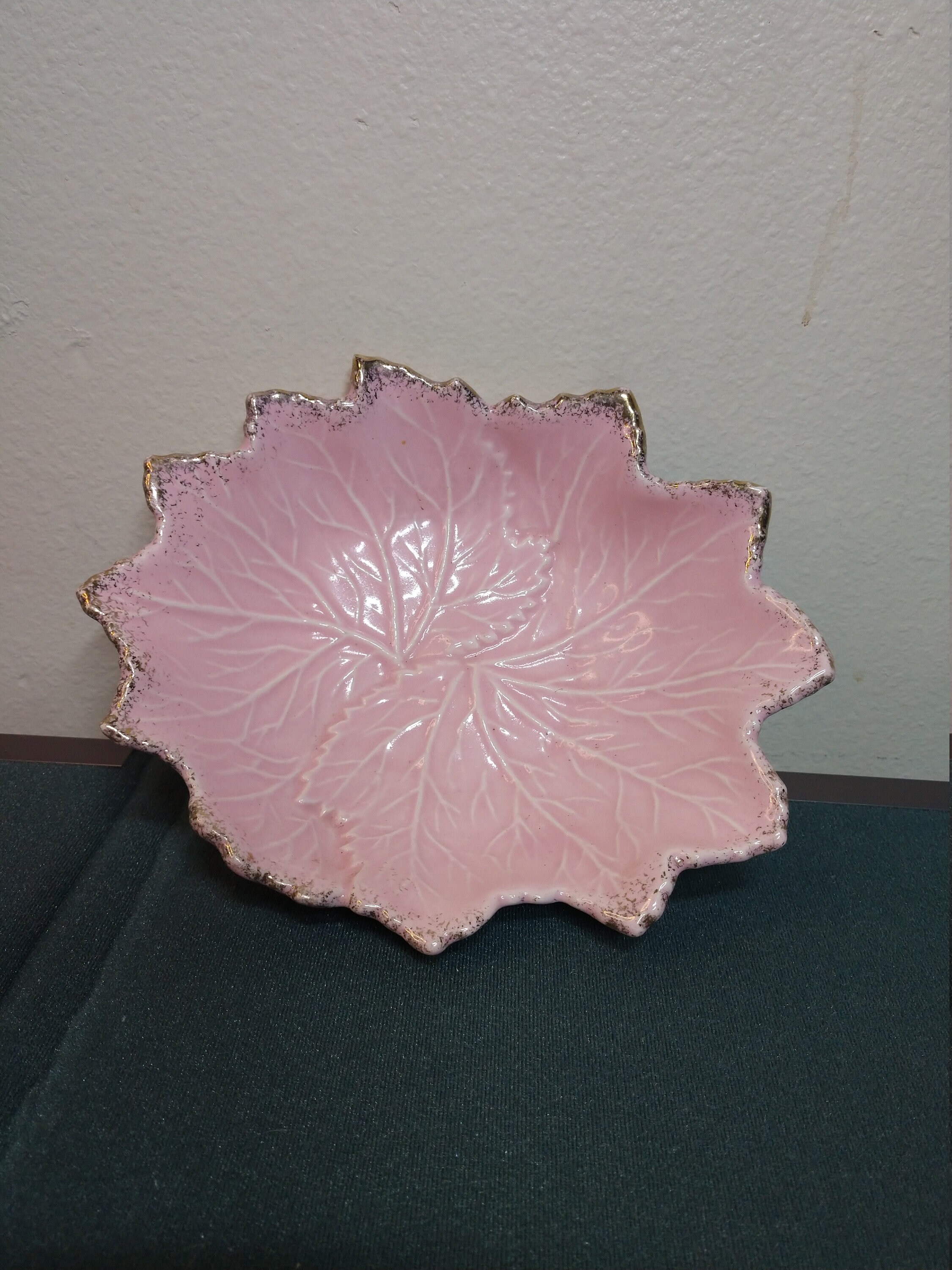 California Pottery Pink Leaf Dish With Gold Trim 726 Mid Etsy