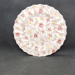 Two Copeland Spode Rosebud Chintz Pink Vine Salad Plates, White with Pink Roses, Yellow Flowers, Green Leaves, Earthenware, 8&quot; Diam. (2872)