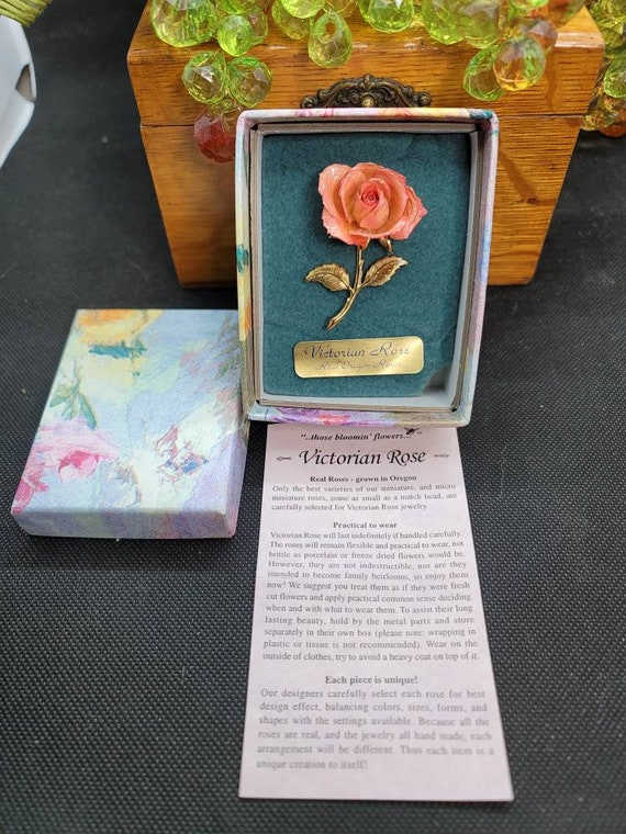 Muguru Real Oregon Roses Victorian Rose Tac Pin, Gold Tone Stem and  Detailed Leaves, Miniature Rose Preserved to Hold Shape & Color 1930 