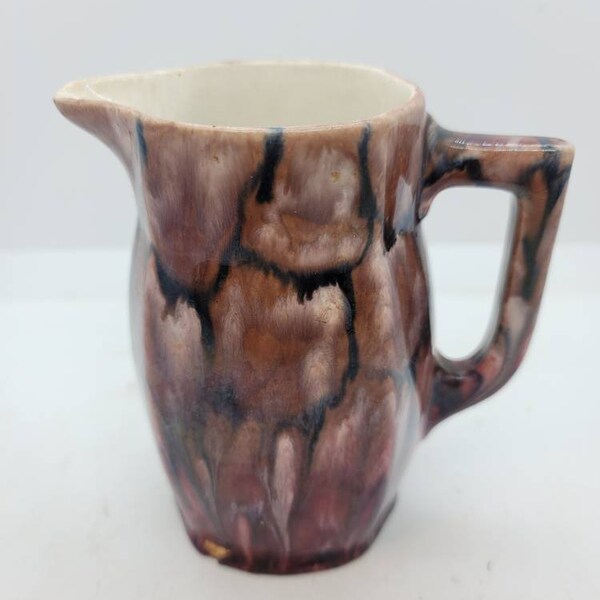 Coronet Czechoslovakia Art Pottery Purple, Brown and Black Mottled Marble Bohemian Drip Glaze Creamer Pitcher, Cream color inside (1478)