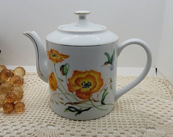 White Mid-Century Modern One-Quart Tea or Coffee Pot with a Orange Poppy Design with Green Leaves and a Ruby Throated Hummingbird (2682)