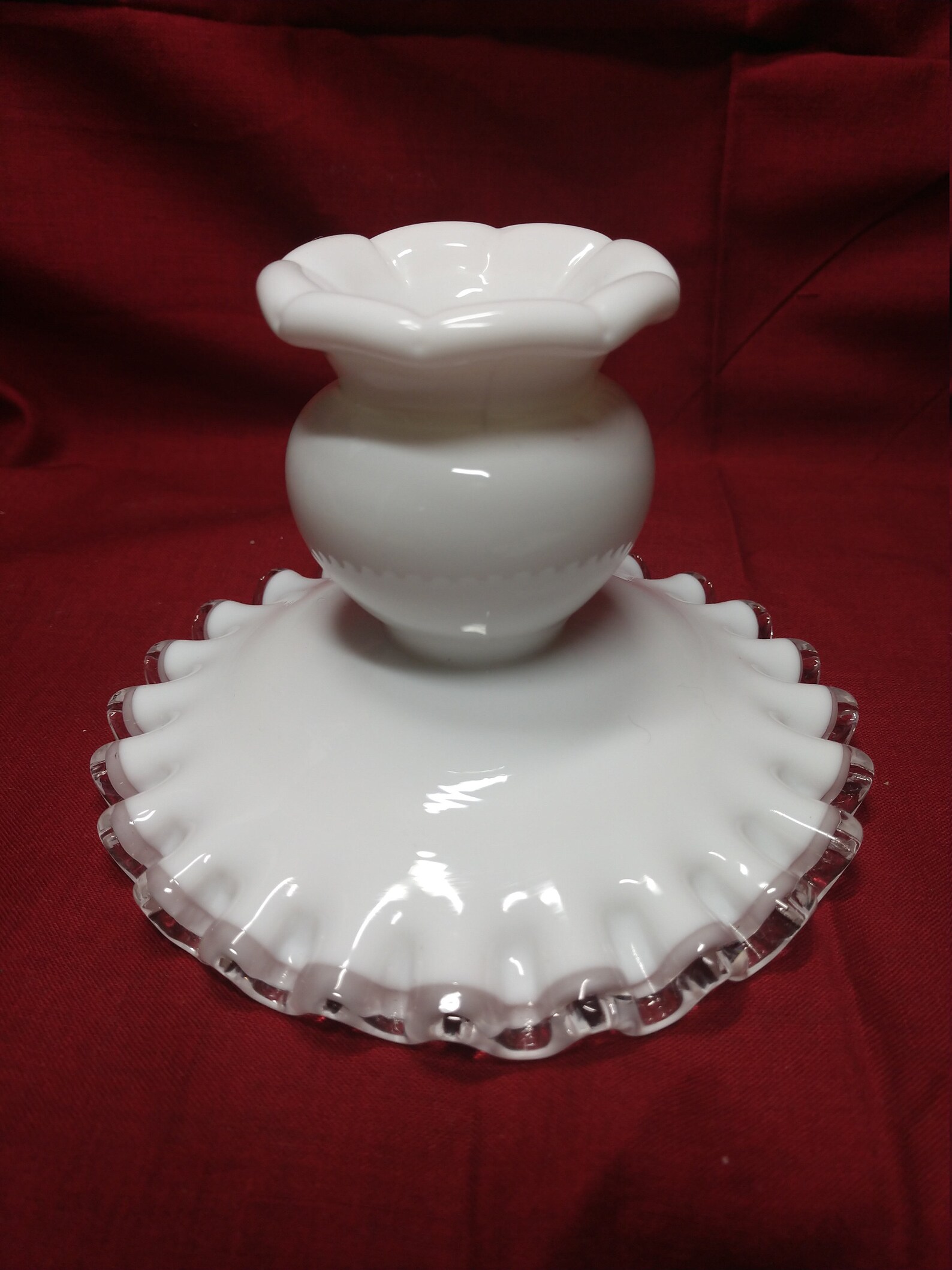 Vintage Fenton White Milk Glass With Clear Ruffled Rim Etsy