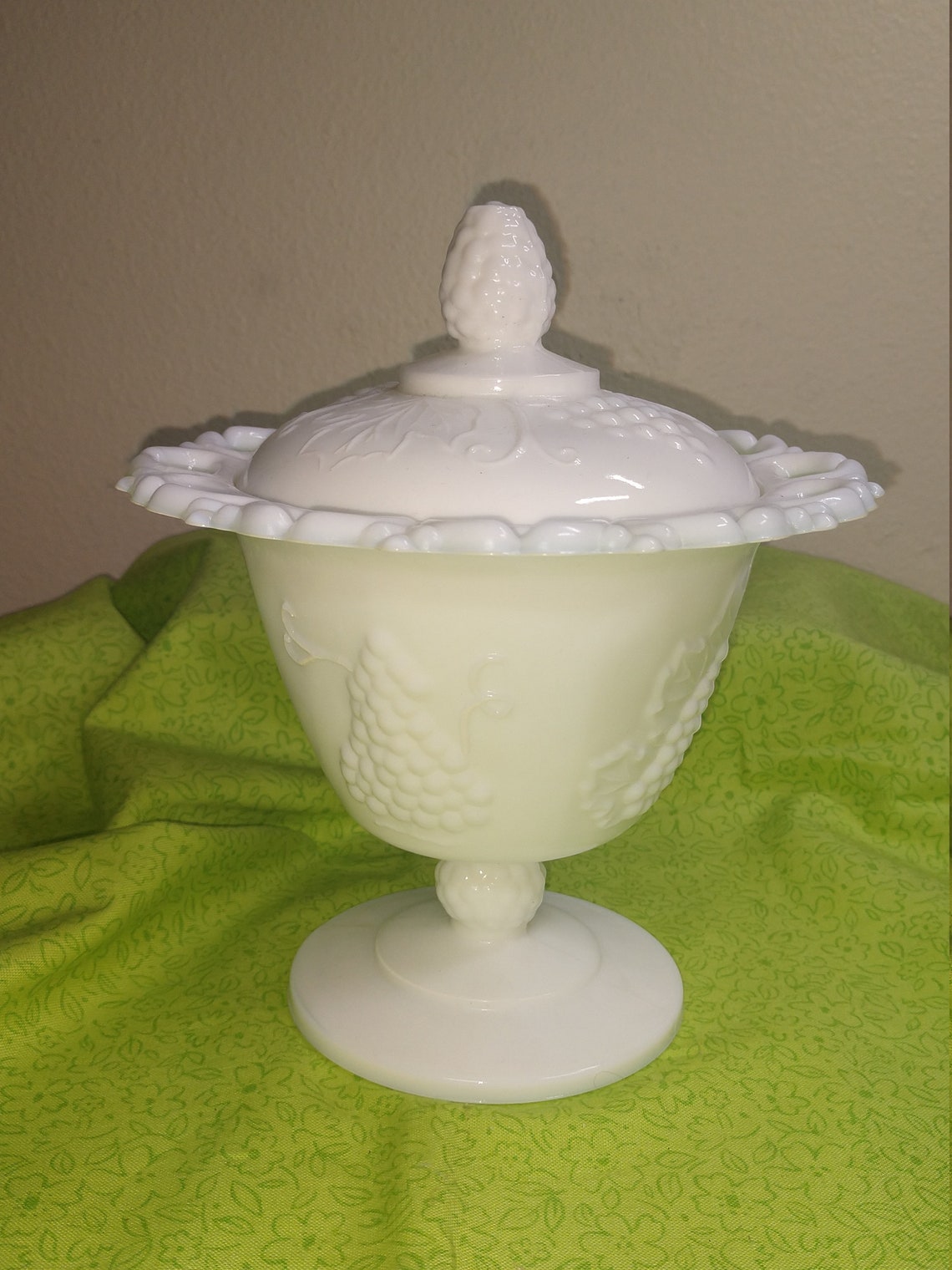 Milk glass candy compote dish with lid Grape cluster leaves Etsy