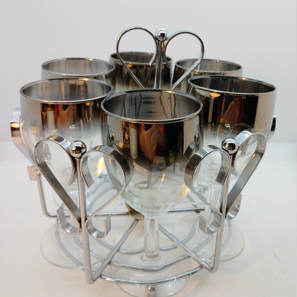Set of Six Silver Fade Cocktail Stemware Wine/Sherry Glasses, Includes Chrome Caddy with Heart Designs Holding the Glasses in Place (1320)
