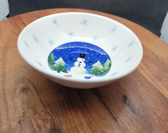 Set of Two (2) Nikko Winter Wonderland Coupe Cereal Bowls, White Bowl with Snowman, Cardinal, Evergreens, Snow, Snowflakes, Deb Mores (3248)