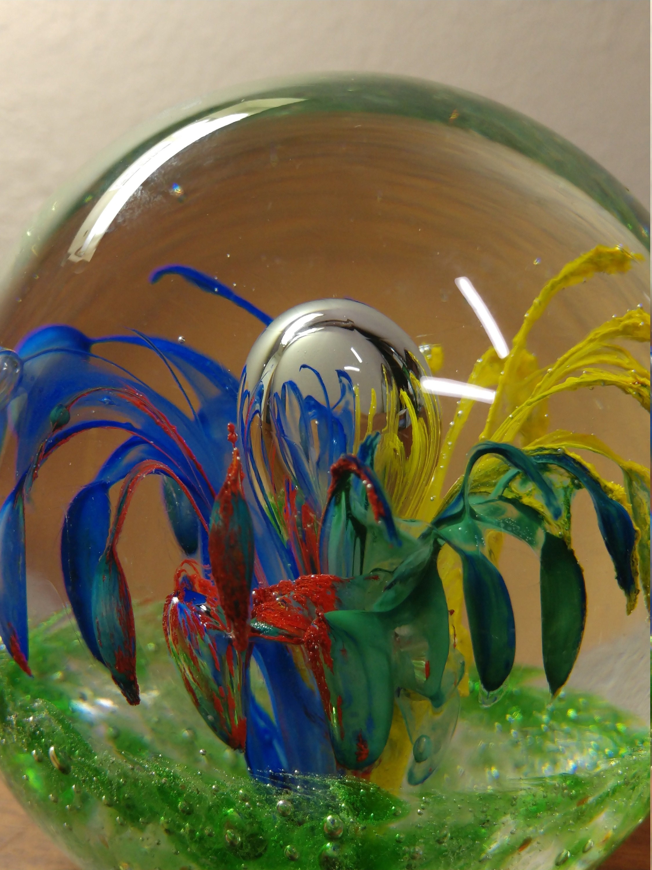 Clear art glass paperweight with multicolored floral design Etsy