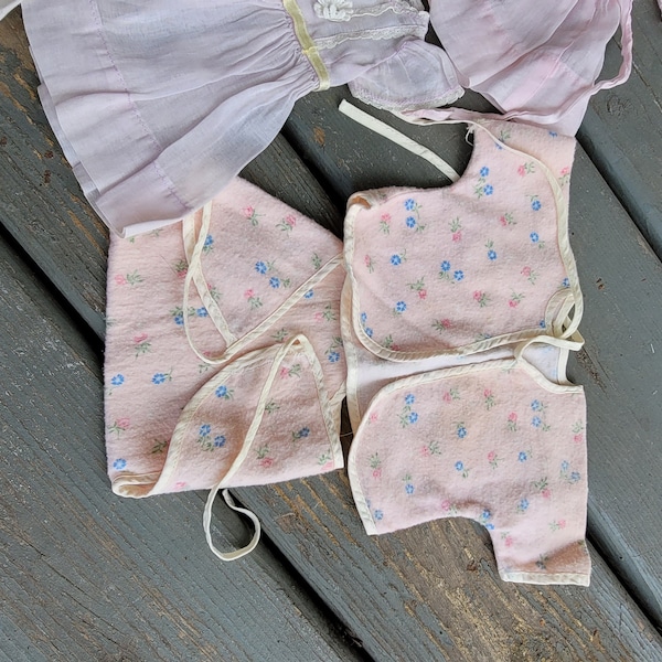 Vintage Homemade Doll Clothes, Three Sheer Dresses, One Slip to Fit Under Them, One Layette Set  of Flannel Top and Bottom, 1950's (2692)