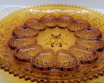 Indiana Glass Tiara Sandwich Amber Collection Deviled Egg Platter Server, Pressed Sandwich Design with Flowers & Leaves, 1970's (2663)