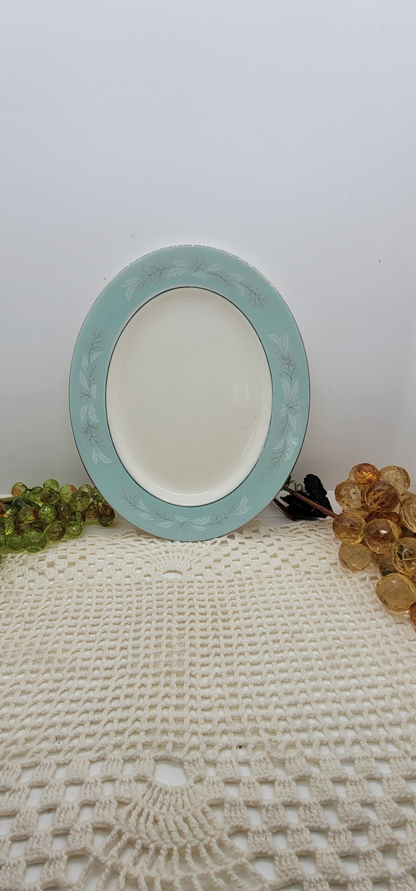 Homer Laughlin Cavalier Eggshell Romance Pattern Small Serving Platter, White with Turquoise Rim Decorated with Gray Leaves, 9.25" (2610)