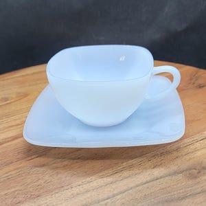 Set of Four Anchor Hocking Fire King Charm Azur Ite Square Blue Pressed Glass Cups and Saucers, Swoosh Pattern on Bottom of Saucers (2998)
