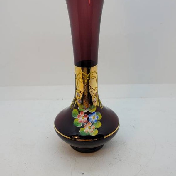 Nasco Japan Amethyst and Gold Glass Bud Vase, Eight Inches Tall, 3.25 Inches Wide, Gold Trim, Sweet Hand-Painted Pink & Blue Florals (2219)