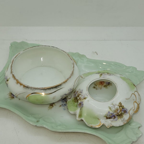 Victorian Porcelain Rectangular Vanity Tray & Round Hair Receiver, Cream Blending to Pale Green, Hand Painted Purple Flowers, Embossed(2548)