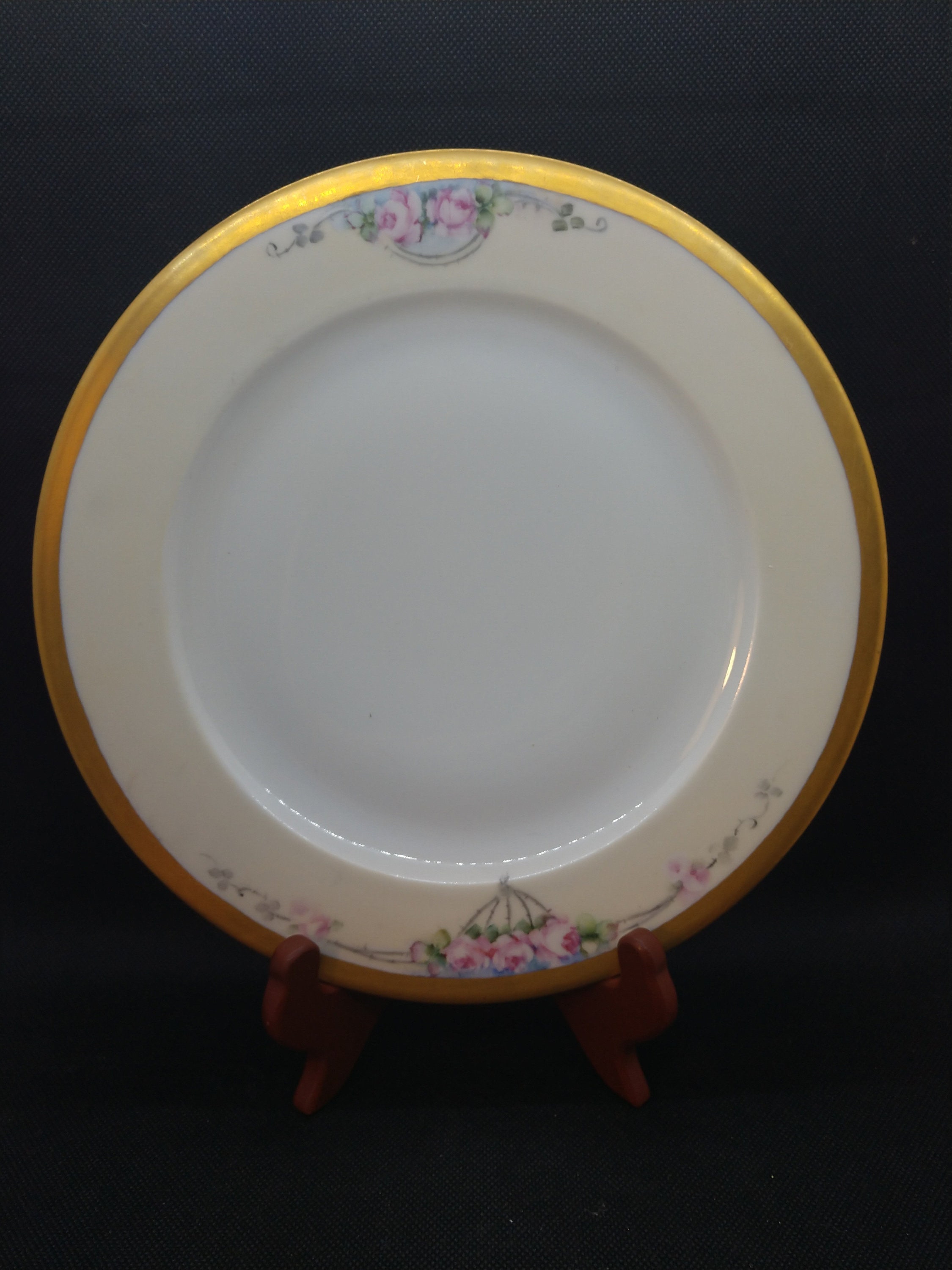 Thomas Bavaria China Pink Rose with Gold Gilding Set of Eight 975 Inch Dinner Plates Made in the 1920s Hand Painted signed