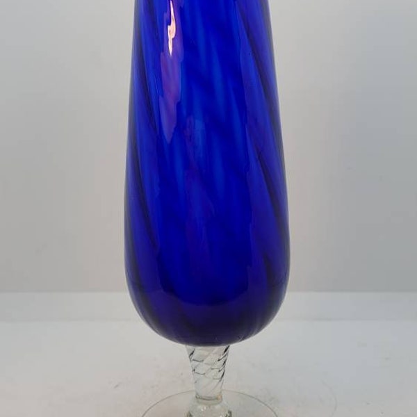 Cobalt Blue Scalloped Edge Ribbed Interior Empoli Glass Vase, 10 6/8 Inches Tall, Cross-Hatched Clear Stem and Pedestal Foot (2256)