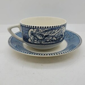 Set of 16 Currier and Ives Blue on White Underglaze Print by Royal Cups and Saucers, Saucer has 6&quot; diameter, Cup has 3.5&quot; diameter (2151)
