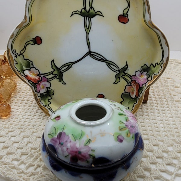 Antique Vanity Tray & Hair Receiver, Six-Lobed Tray is Cream Colored with Pink Flowers and Gold Trim, Hair Receiver is White and Blue (2689)