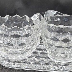 Fostoria American Clear Crystal Mini Creamer Pitcher Open Sugar Bowl and Tray Set, Cube Cubist Pattern, 180 688, USA, 1960&#39;s (3097)