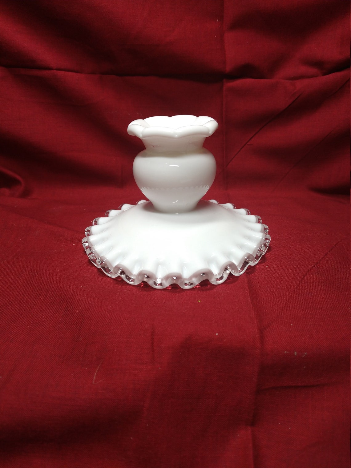 Vintage Fenton White Milk Glass With Clear Ruffled Rim Etsy