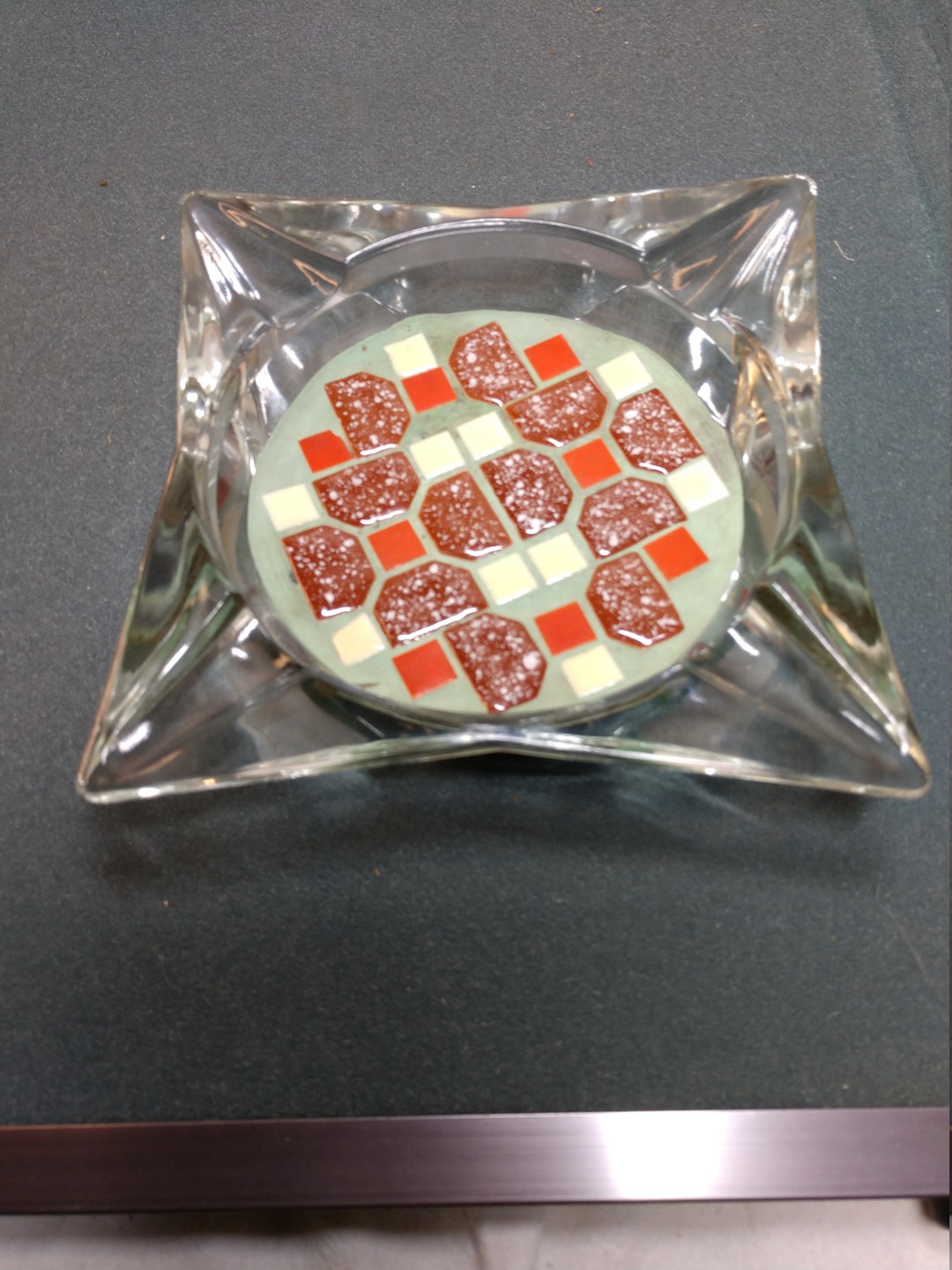 Large Clear Glass Ashtray With Mosaic Tile Bottom That Has Etsy