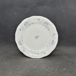 Puede incluir: Un plato de cerámica blanco con un patrón floral azul alrededor del borde. El plato tiene un borde festoneado y un centro ligeramente elevado.