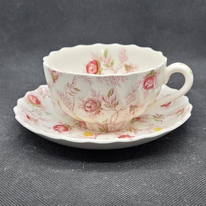 Two Copeland Spode Rosebud Chintz Pink Vine Footed Cups and Saucers, White with Pink Roses, Yellow Flowers, Green Leaves, Earthenware (2875)