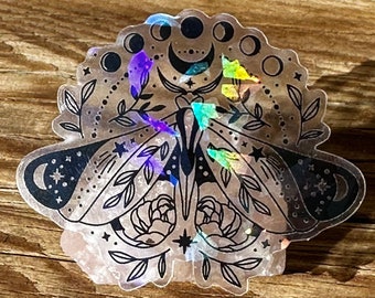 Mystical Moth Sticker, Celestial Moth Sticker, Moon Phase Sticker, Moth Sticker, Clear Sticker, Cracked Ice Sticker