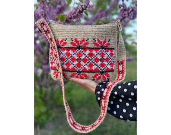 Ukrainian Ornament Shoulder Bag. Cross-stitched Shoulder Bag. Women Eco Bag.