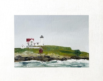 Origineel olieverfschilderij (8x10 inch) van de Nubble Lighthouse in New England, New England, met als thema de oceaan. Gesigneerd.