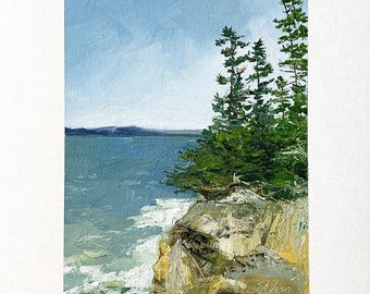 Peinture à l'huile originale Maine 8 x 10 océan Atlantique Rock Pinetree Nouvelle-Angleterre signée