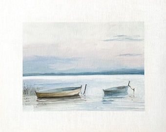 Pintura al óleo original de 8x10 pulgadas: Barcos en un lago al atardecer, aguas costeras tranquilas, firmada.