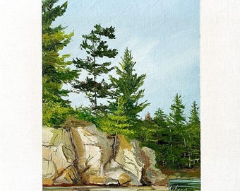 Pintura al óleo original de 8x10 pulgadas de Maine, Océano Atlántico, Roca, Pino, Nueva Inglaterra, Firmada