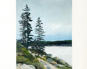 Pintura al óleo original de Maine de 8x10 pulgadas, Acadia, Océano Atlántico, Pinos, Nueva Inglaterra, Firmada