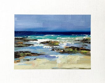 Pintura al óleo original de 8x10 pulgadas de Oregon: paisaje marino, rocas de playa, arrecife, impresionista, firmada.