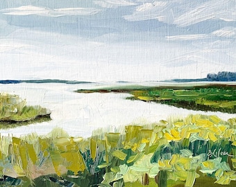 May include: An oil painting of a coastal marsh landscape featuring vibrant yellow and green grasses in the foreground, a wide expanse of white water reflecting the sky, and a distant dark blue treeline under a pale blue sky with white clouds.