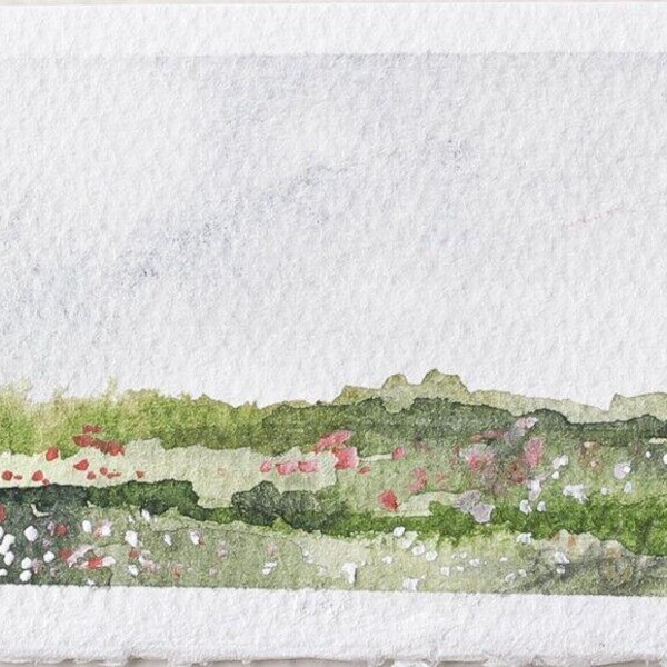 Acuarela original de ACEO, paisaje pastoral, campo de flores en el campo, firmada.