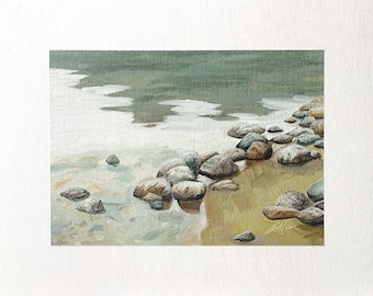 8x10 Original Oil Painting Lake Rocks on Sandy Beach Calm Water Small Art Signed