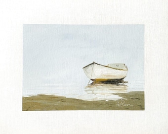 8x10 Maine Original Oil Painting Rowboat Calm Water Neutral Coastal Art Signed