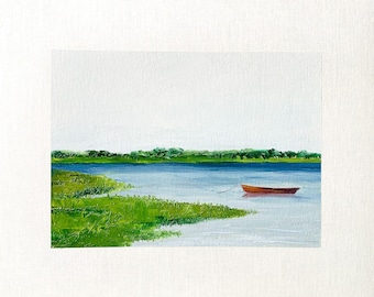 8x10 Maine Original Oil Painting Rowboat Calm Water Coastal Peaceful Art Signed