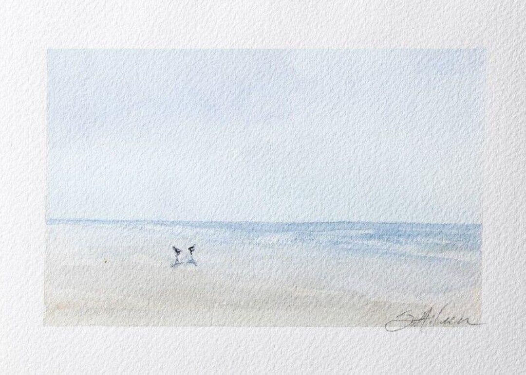 Watercolor Painting Seascape Blue Sky Birds on the Beach "low Tide ...