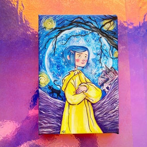 May include: A painting of a girl in a yellow raincoat standing in front of a blue moon with a black cat walking in the background. The painting has a starry night sky and a dark tree branch in the upper right corner.