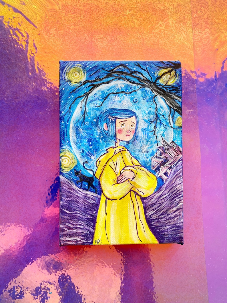 May include: A painting of a girl in a yellow raincoat standing in front of a blue moon with a black cat walking in the background. The painting has a starry night sky and a dark tree branch in the upper right corner.
